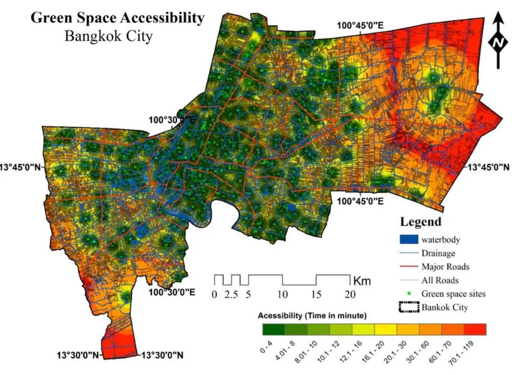 Vietnam Construction Cost Management; Color-coded map of Bangkok City illustrating green space accessibility with areas indicated by travel time, roads, and drainage features.