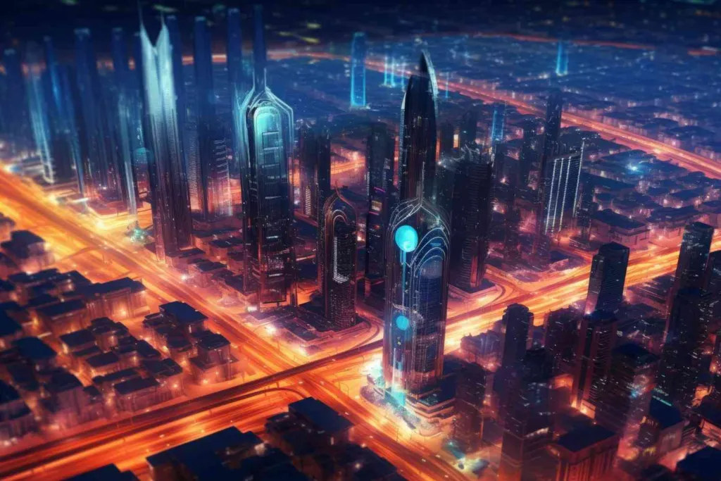 Indonesia Digital Urban Planning Tools: Aerial view of a futuristic cityscape with glowing skyscrapers and illuminated streets, showcasing advanced architecture and vibrant lights.