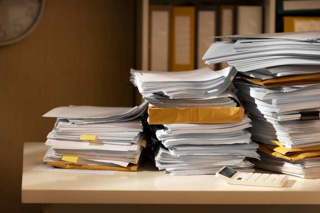 Data Localization: A cluttered desk with stacks of documents and folders, alongside a calculator, against a warm background and a wall clock.
