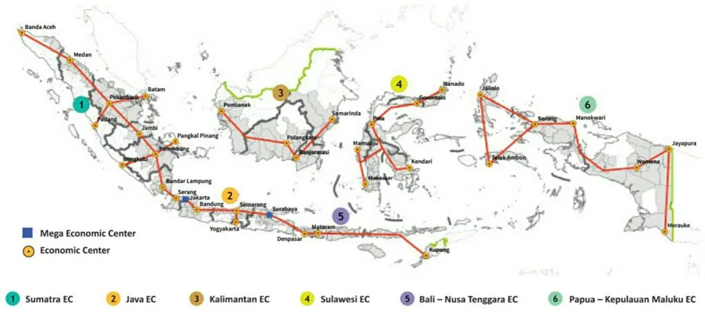 Indonesia Connectivity Infrastructure Projects: Map of Indonesia showing Mega and Economic Centers connected by routes, highlighting regional economic centers across various islands.