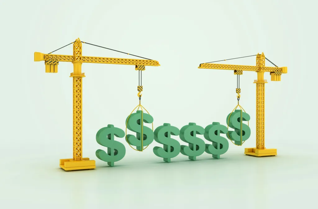 Thailand Construction Cost Management: Two yellow cranes lifting green dollar signs against a light green background, symbolizing construction and financial growth.