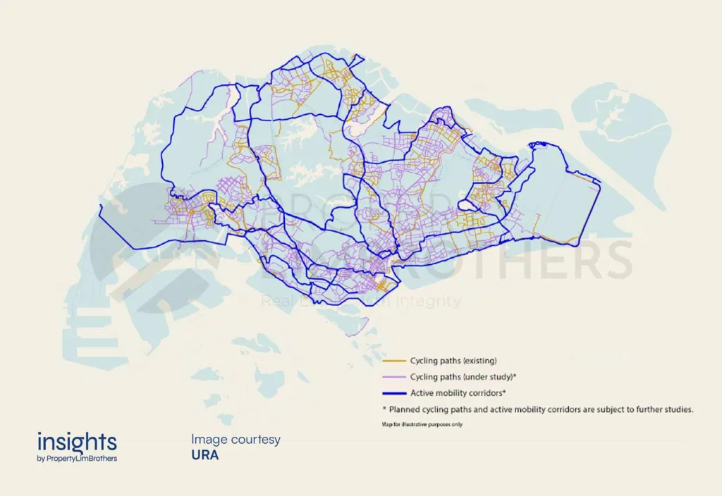 Singapore Infrastructure Connectivity Projects: Map of Singapore showing existing cycling paths, proposed paths, and active mobility corridors in yellow and purple lines on a light background.