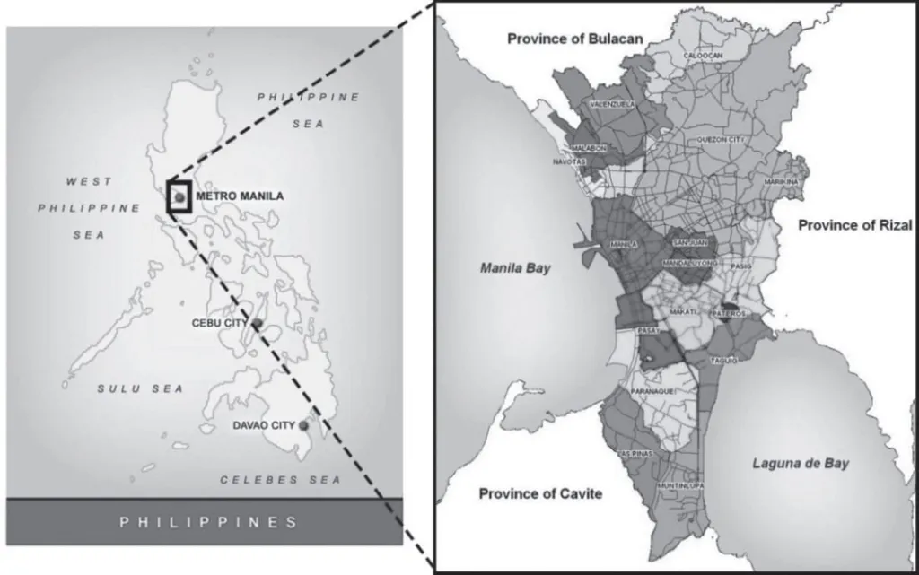 Map of the Philippines highlighting Metro Manila and its surrounding provinces, including Bulacan, Rizal, Cavite, and Laguna de Bay.