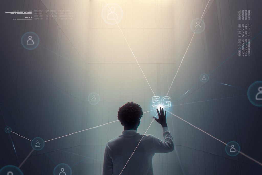 Digital Transformation Asia & Middle East: Person touching a futuristic interface with 5G connectivity symbols and network lines.