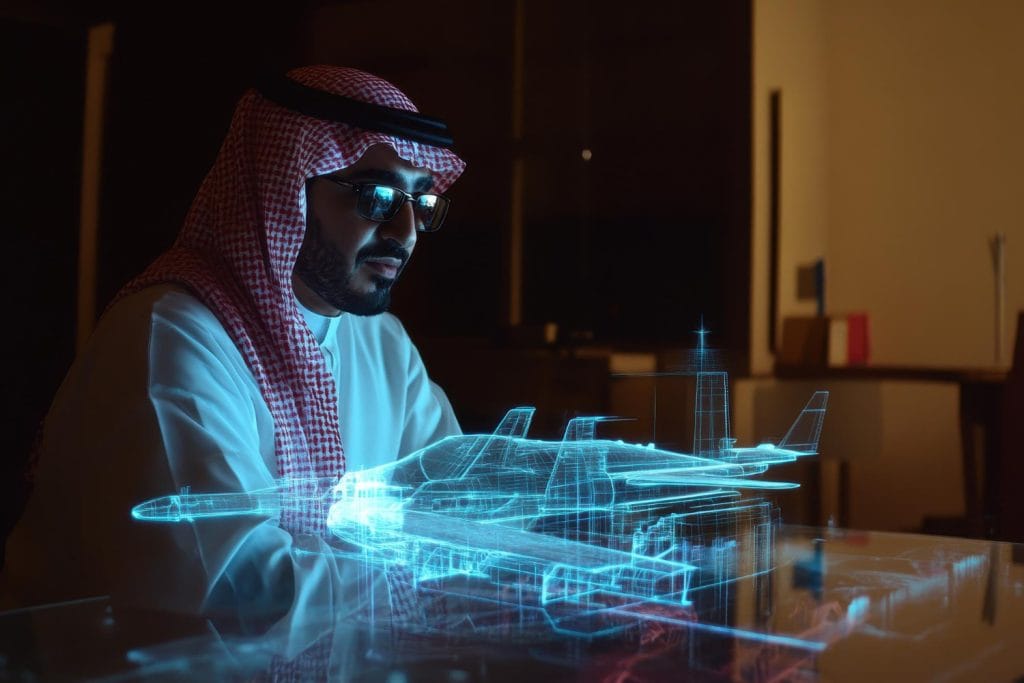 Disruptive Innovation Asia & Middle East: Person in traditional Arabic dress looking at a holographic projection of planes and buildings.