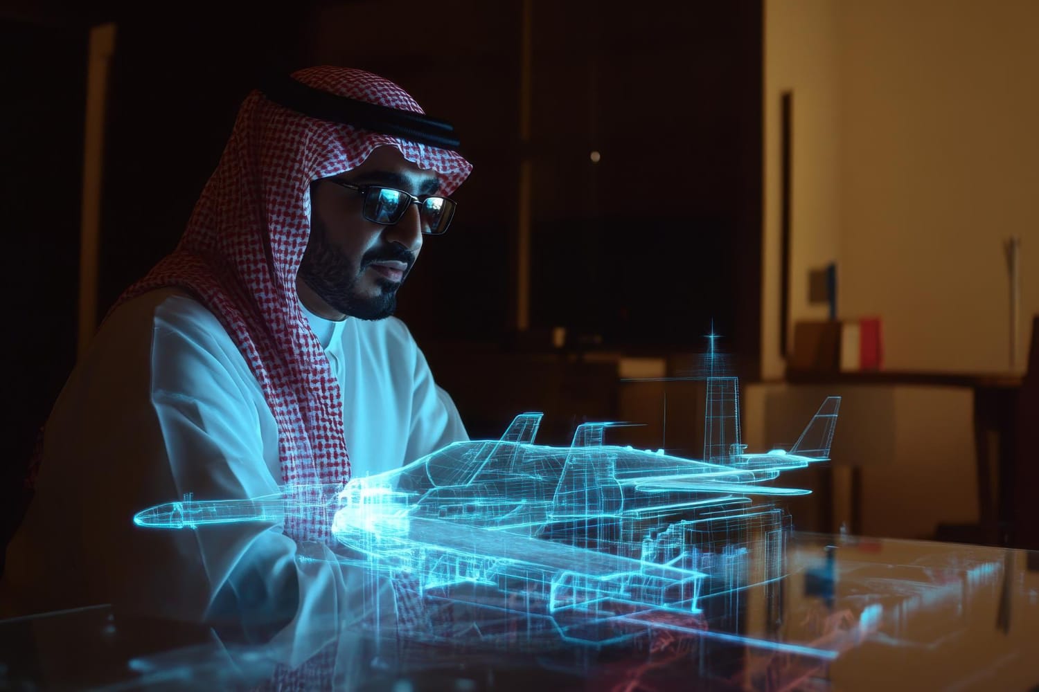 Disruptive Innovation Asia & Middle East: Person in traditional Arabic dress looking at a holographic projection of planes and buildings.