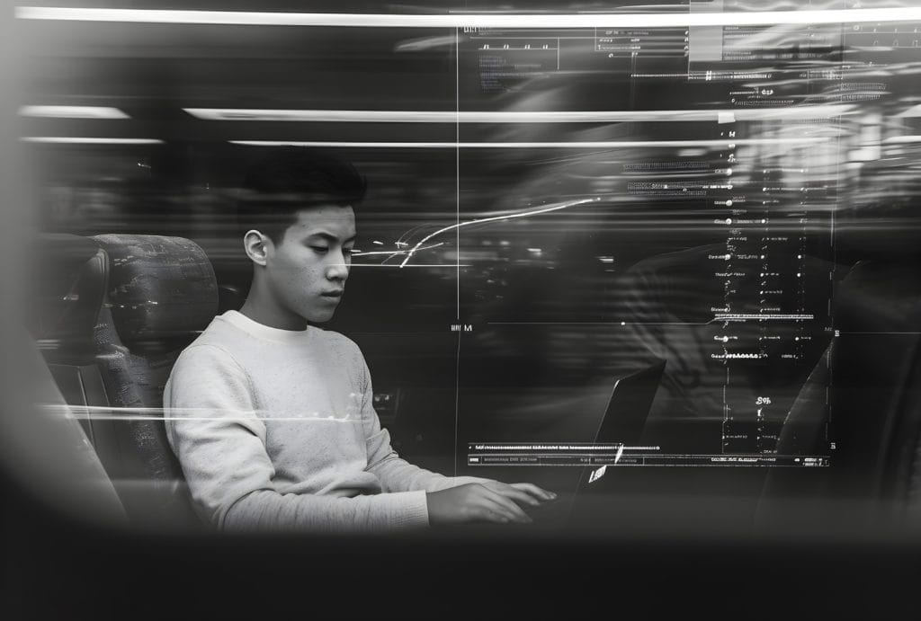 Digital Surveillance: An Asian man sits on a train, focused on a laptop, surrounded by blurred motion and digital overlays displaying data and graphs.