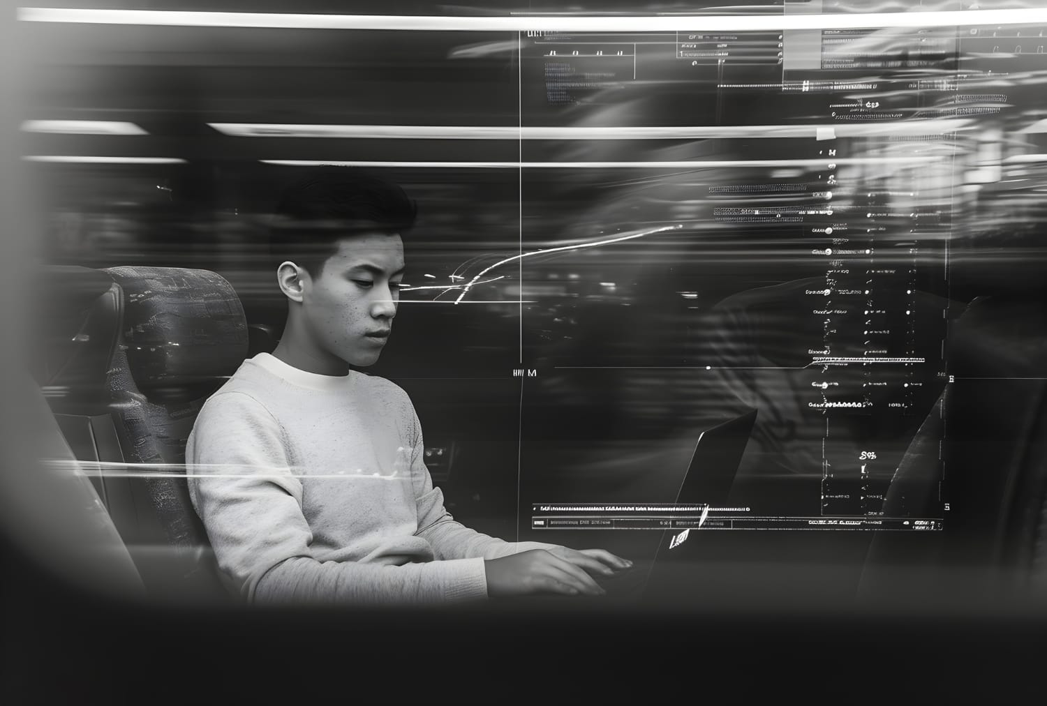 Digital Surveillance: An Asian man sits on a train, focused on a laptop, surrounded by blurred motion and digital overlays displaying data and graphs.