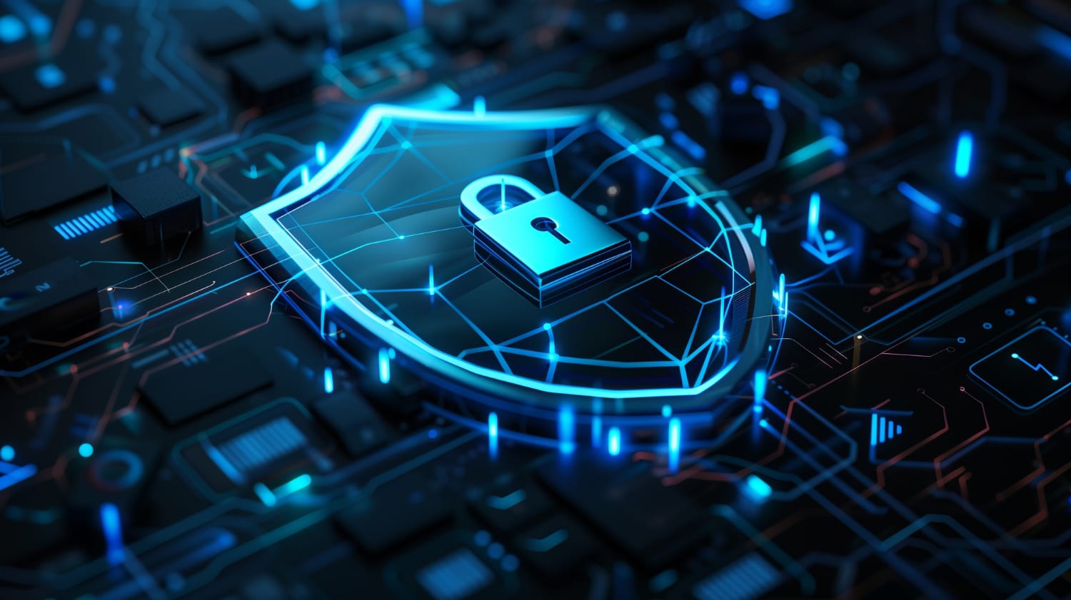 Data Localization: A glowing digital shield with a padlock sits atop a circuit board, symbolizing cybersecurity and data protection.