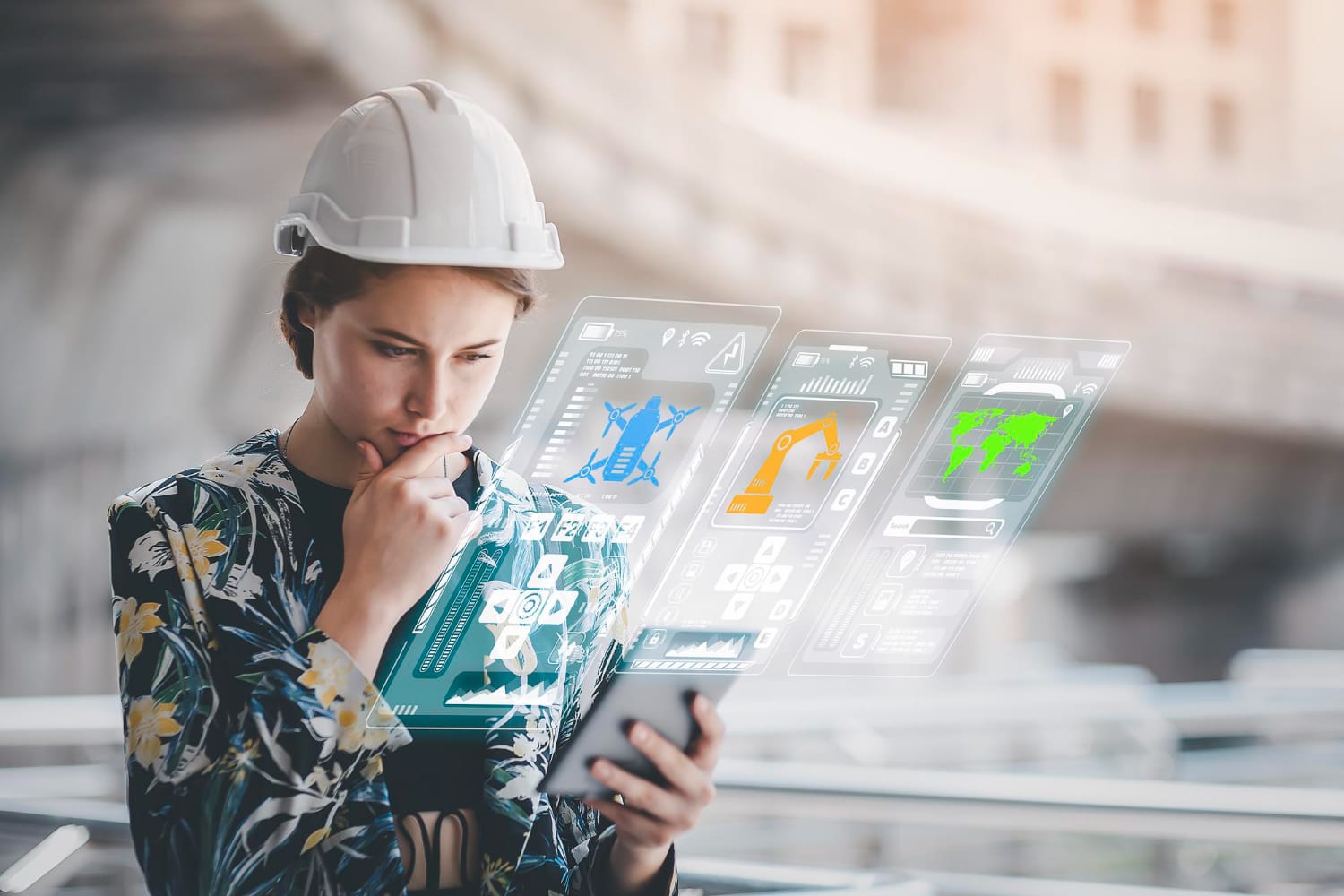 Singapore Construction Technology Adoption: A person in a hard hat interacts with a smartphone, surrounded by floating holographic interface panels displaying technical data and maps.