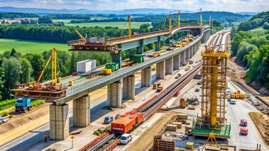 Malaysia Infrastructure Investment Strategies: A busy highway construction site with cranes, heavy machinery, and vehicles, set against a backdrop of green fields and mountains.