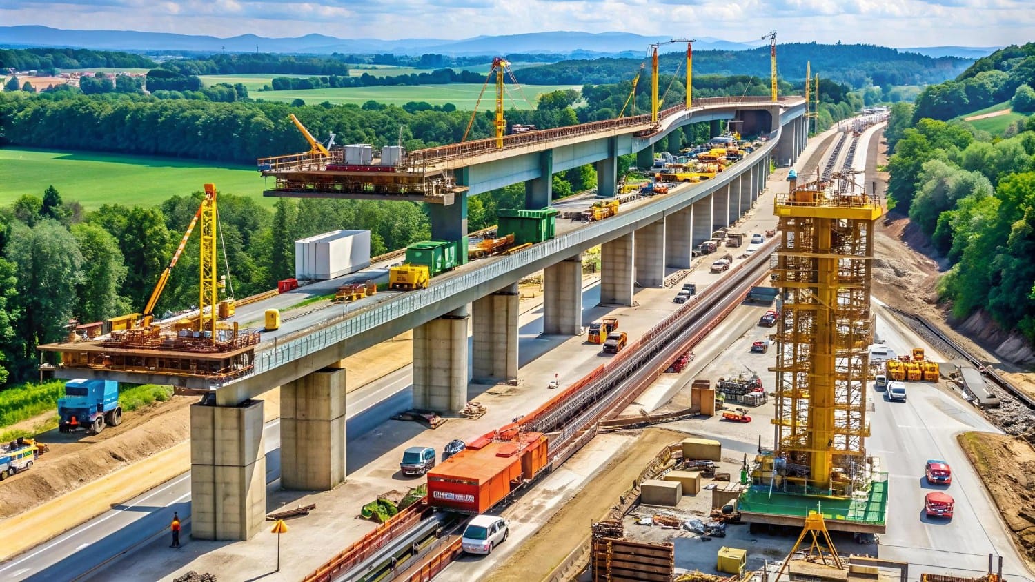Malaysia Infrastructure Investment Strategies: A busy highway construction site with cranes, heavy machinery, and vehicles, set against a backdrop of green fields and mountains.