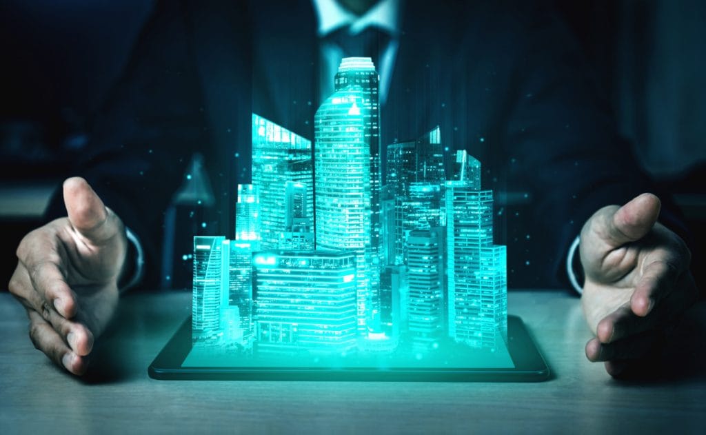 A businessman presents a holographic cityscape emerging from a tablet, symbolizing Singapore Smart Building Technologies and the futuristic technology and innovation.