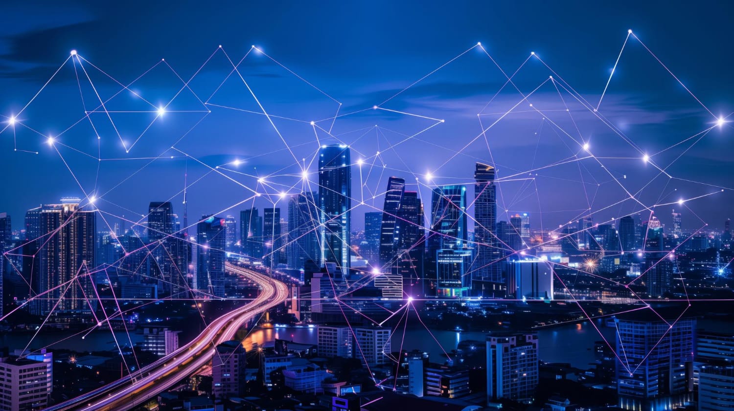 A vibrant city skyline at night, interconnected with glowing lines and nodes, symbolizing Philippines Connectivity Infrastructure Projects and digital networks with urban connectivity.