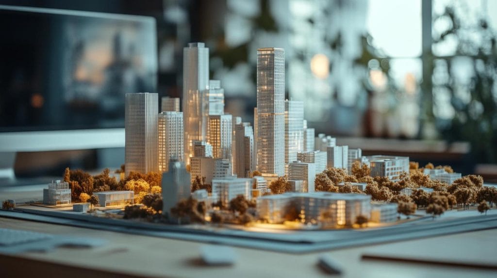 Thailand Infrastructure Investments: A detailed architectural model of a modern cityscape with tall buildings and greenery, illuminated on a designer's workspace.