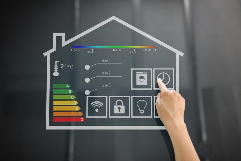 Indonesia Energy-Efficient Construction: A hand interacts with a smart home control panel displaying temperature, zones, and icons for appliances, security, and energy efficiency.