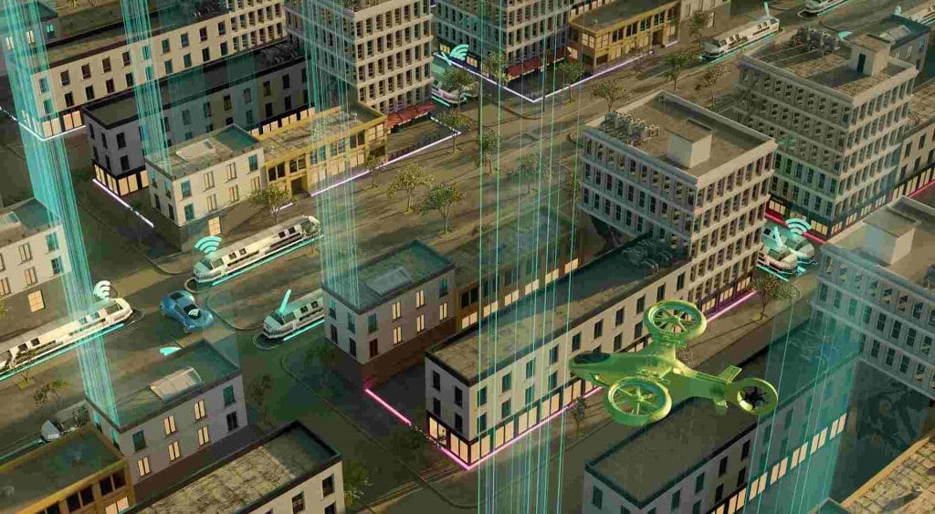 Singapore Digital Urban Planning Tools: A futuristic cityscape featuring autonomous vehicles and drones with digital signals, highlighting smart transportation technology.