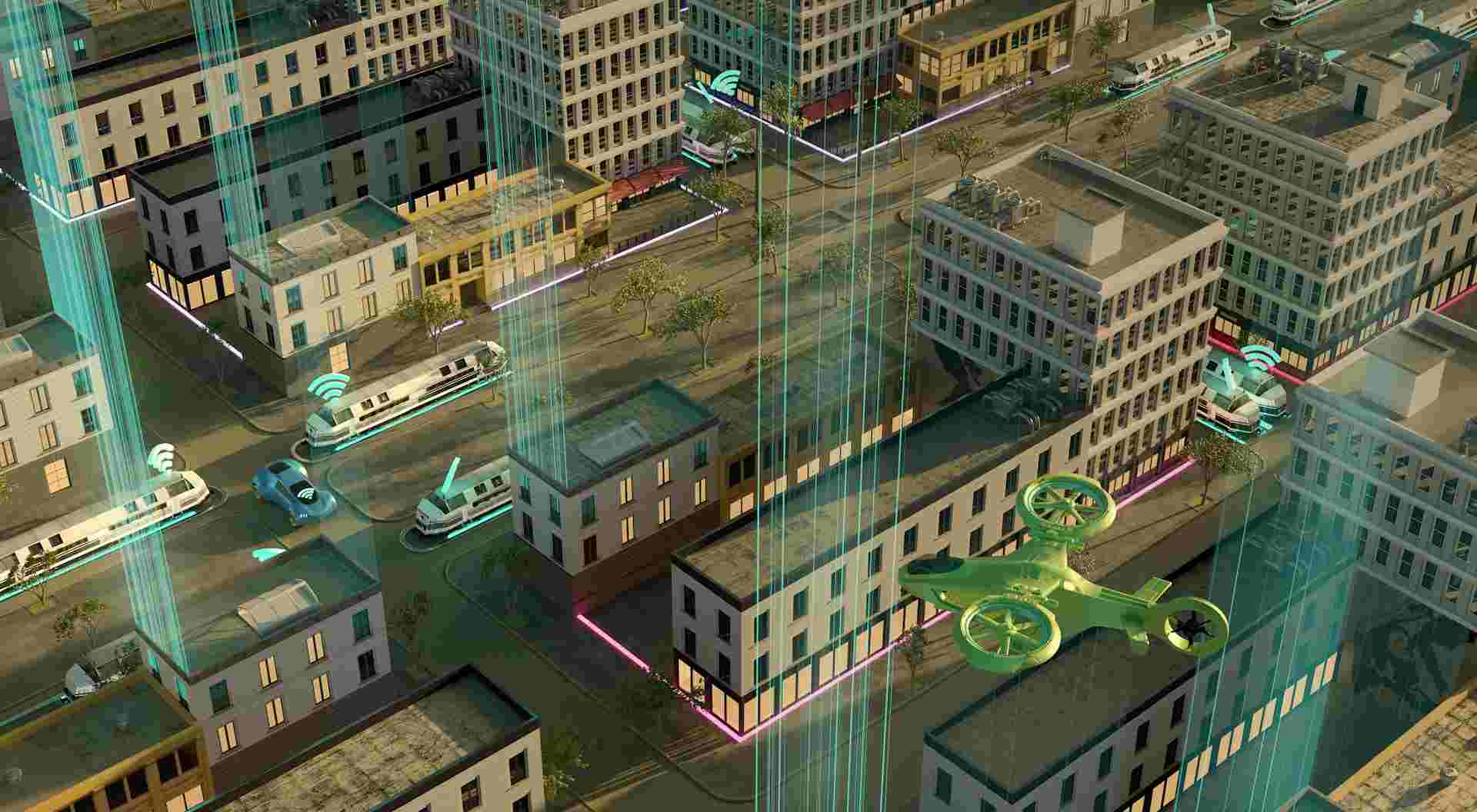 Singapore Digital Urban Planning Tools: A futuristic cityscape featuring autonomous vehicles and drones with digital signals, highlighting smart transportation technology.