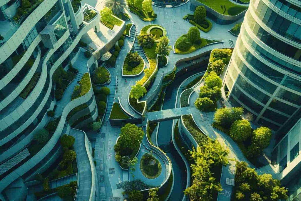 Indonesia Green Infrastructure Projects: Aerial view of modern buildings surrounded by lush greenery, featuring winding pathways and terraces, creating a vibrant urban landscape.