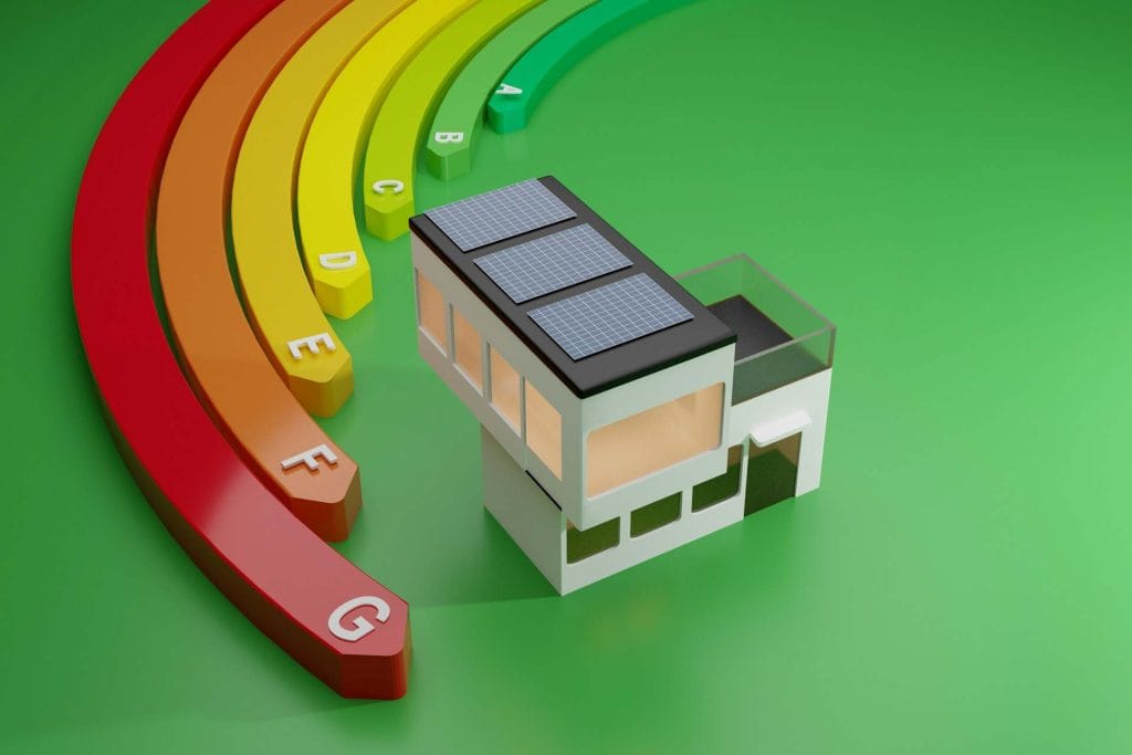 3D model of Vietnam Energy-Efficient Building Practices, an eco-friendly house with solar panels on the roof, positioned near a colorful energy efficiency scale, ranging from G to A.