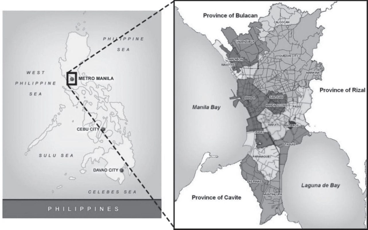 Map of the Philippines highlighting Metro Manila and its surrounding provinces, including Bulacan, Rizal, Cavite, and Laguna de Bay.