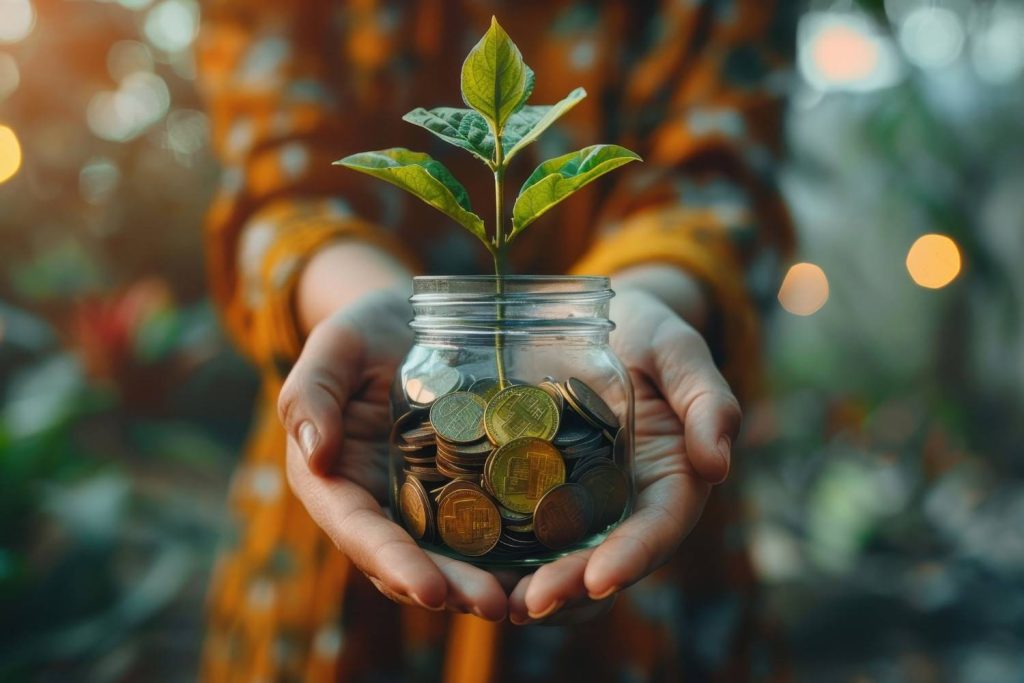 Green Infrastructure Projects: A person holds a jar filled with coins, topped by a small green plant, symbolizing growth and investment in nature.