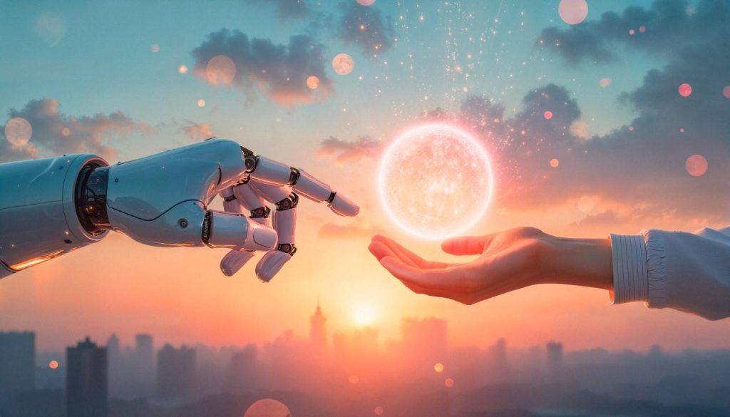 Asia AI Adoption Trends: A robotic hand reaches toward a human hand, both poised to touch a glowing orb against a vibrant sunset skyline.