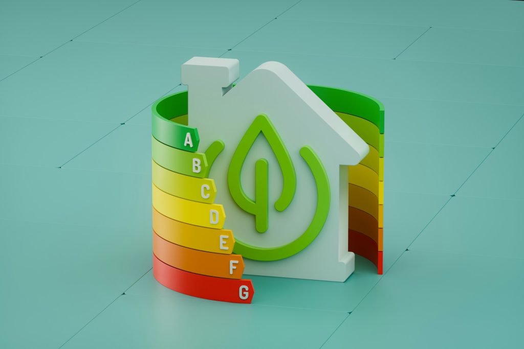 Singapore Green Building Certifications: 3D illustration of a house symbol with a green leaf, surrounded by a colorful energy efficiency scale labeled A to G.