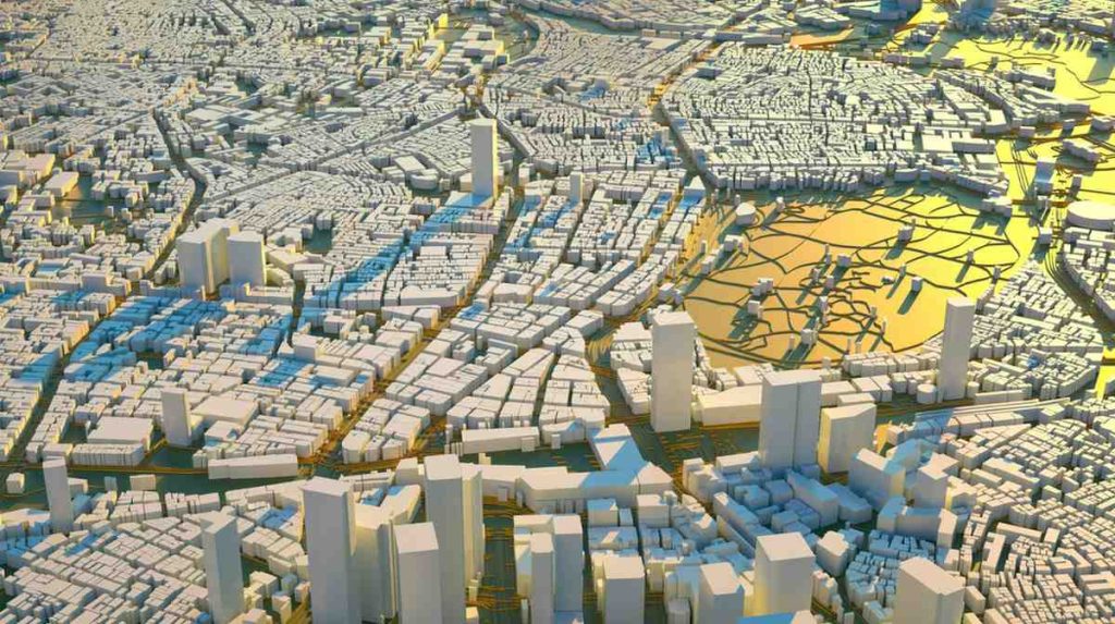 Malaysia Digital Urban Planning Tools: Aerial view of a cityscape with detailed white buildings, streets, and waterways, reflecting golden light on the surface.