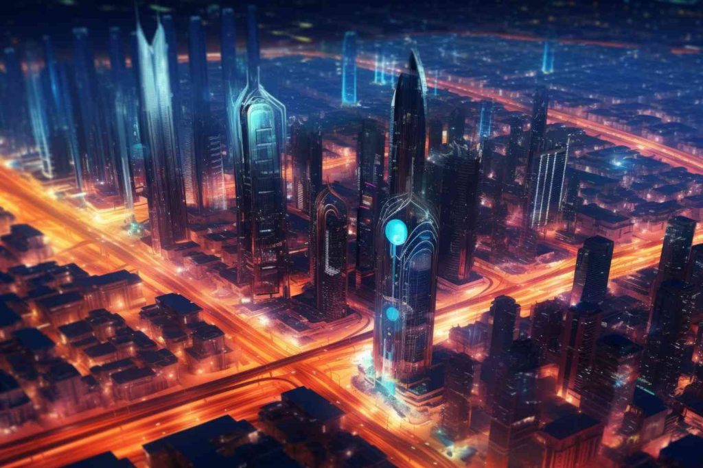Indonesia Digital Urban Planning Tools: Aerial view of a futuristic cityscape with glowing skyscrapers and illuminated streets, showcasing advanced architecture and vibrant lights.