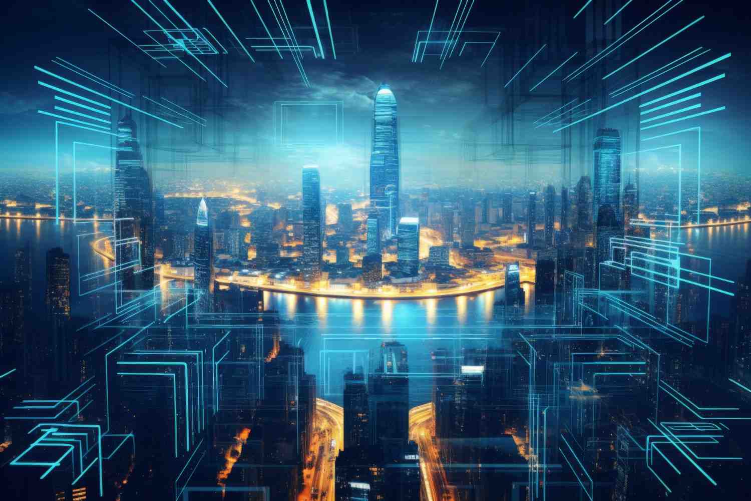Vietnam Digital Urban Planning Tools: A futuristic city skyline illuminated at night, overlaid with blue digital lines and geometric patterns, suggesting a high-tech environment.