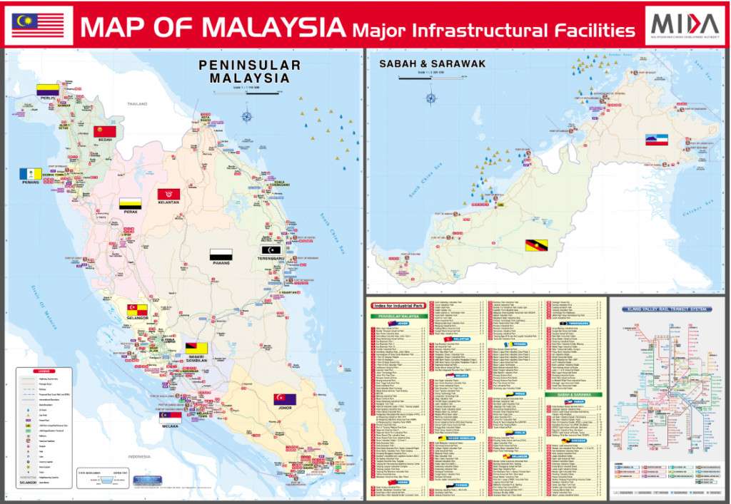Malaysia Connectivity Infrastructure Projects: Detailed map of Malaysia showcasing major infrastructural facilities, including states, symbols, and a key for reference.