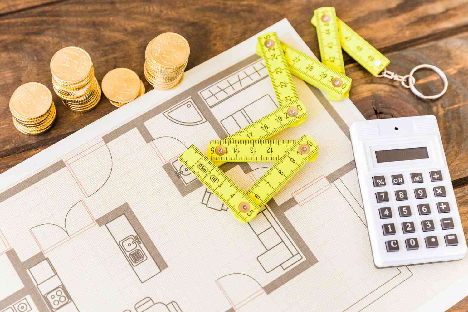 Thailand Construction Cost Management: Blueprint of a house layout with yellow measuring tapes, a calculator, and stacks of coins on a wooden surface.