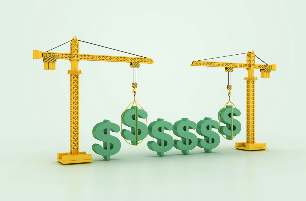 Thailand Construction Cost Management: Two yellow cranes lifting green dollar signs against a light green background, symbolizing construction and financial growth.