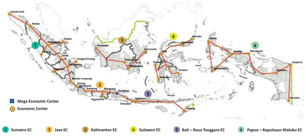 Indonesia Connectivity Infrastructure Projects: Map of Indonesia showing Mega and Economic Centers connected by routes, highlighting regional economic centers across various islands.