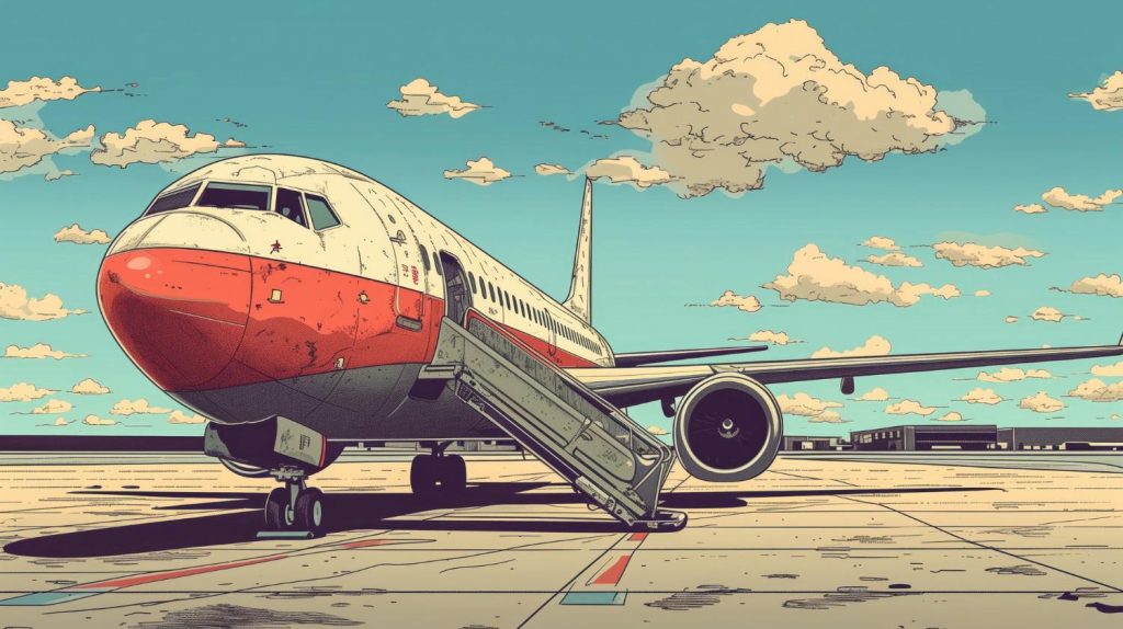 Sustainable Aviation Fuel Egypt: A stylized illustration of a vintage airplane with a red and white fuselage, parked on a sunny runway under a blue sky and fluffy clouds.